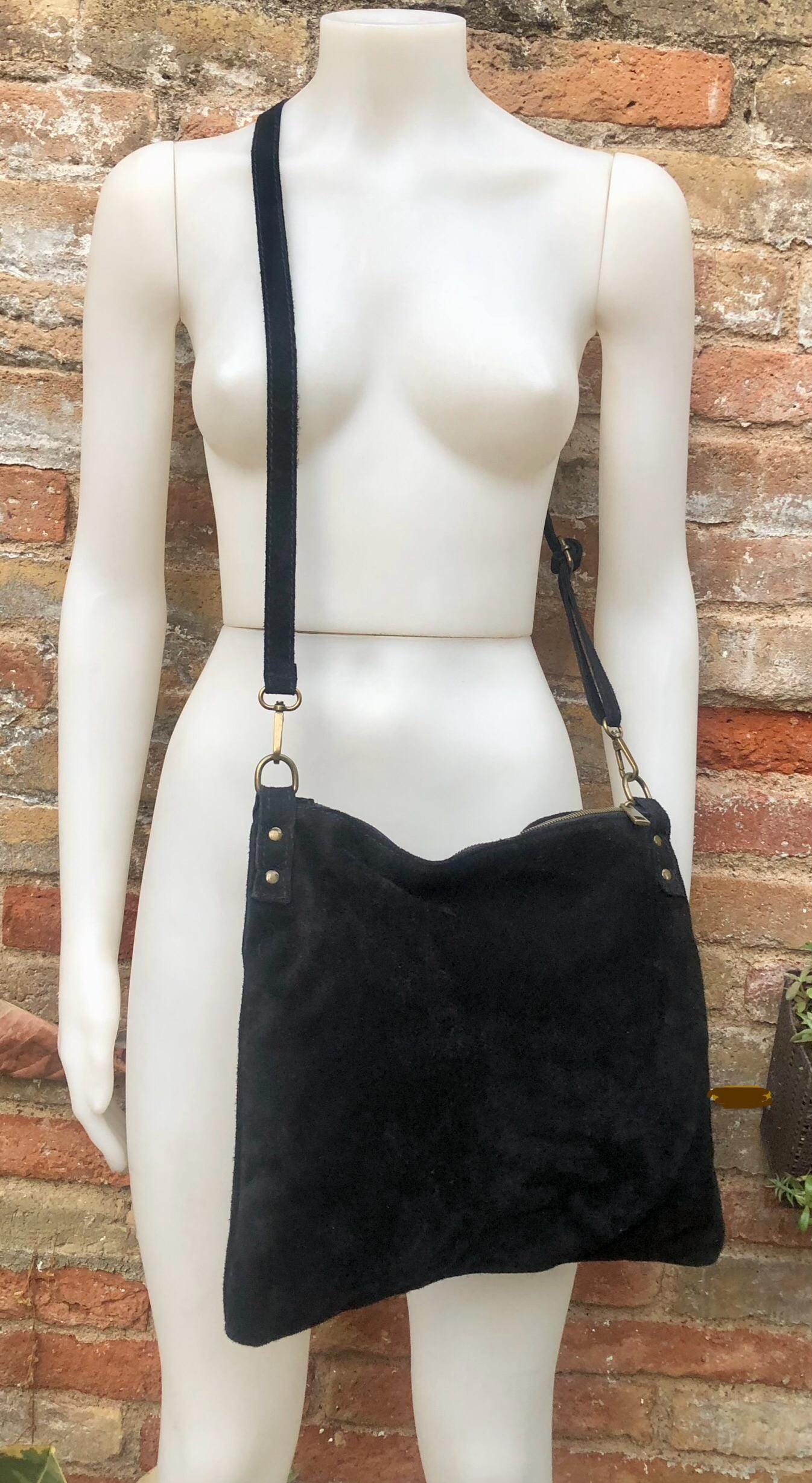 BLACK suede messenger bag. Soft genuine leather crossbody / shoulder bag for books, tablets. BLACK suede purse. Adjustable strap + zipppers