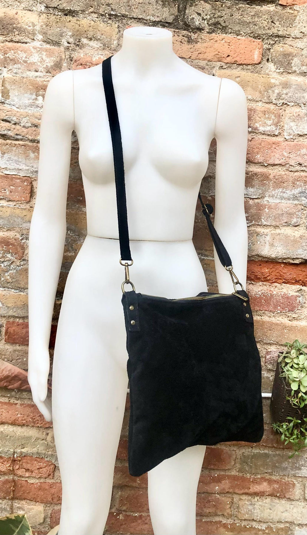 BLACK suede messenger bag. Soft genuine leather crossbody / shoulder bag for books, tablets. BLACK suede purse. Adjustable strap + zipppers