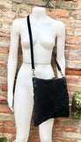 BLACK suede messenger bag. Soft genuine leather crossbody / shoulder bag for books, tablets. BLACK suede purse. Adjustable strap + zipppers
