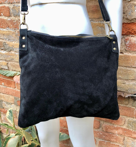 BLACK suede messenger bag. Soft genuine leather crossbody / shoulder bag for books, tablets. BLACK suede purse. Adjustable strap + zipppers
