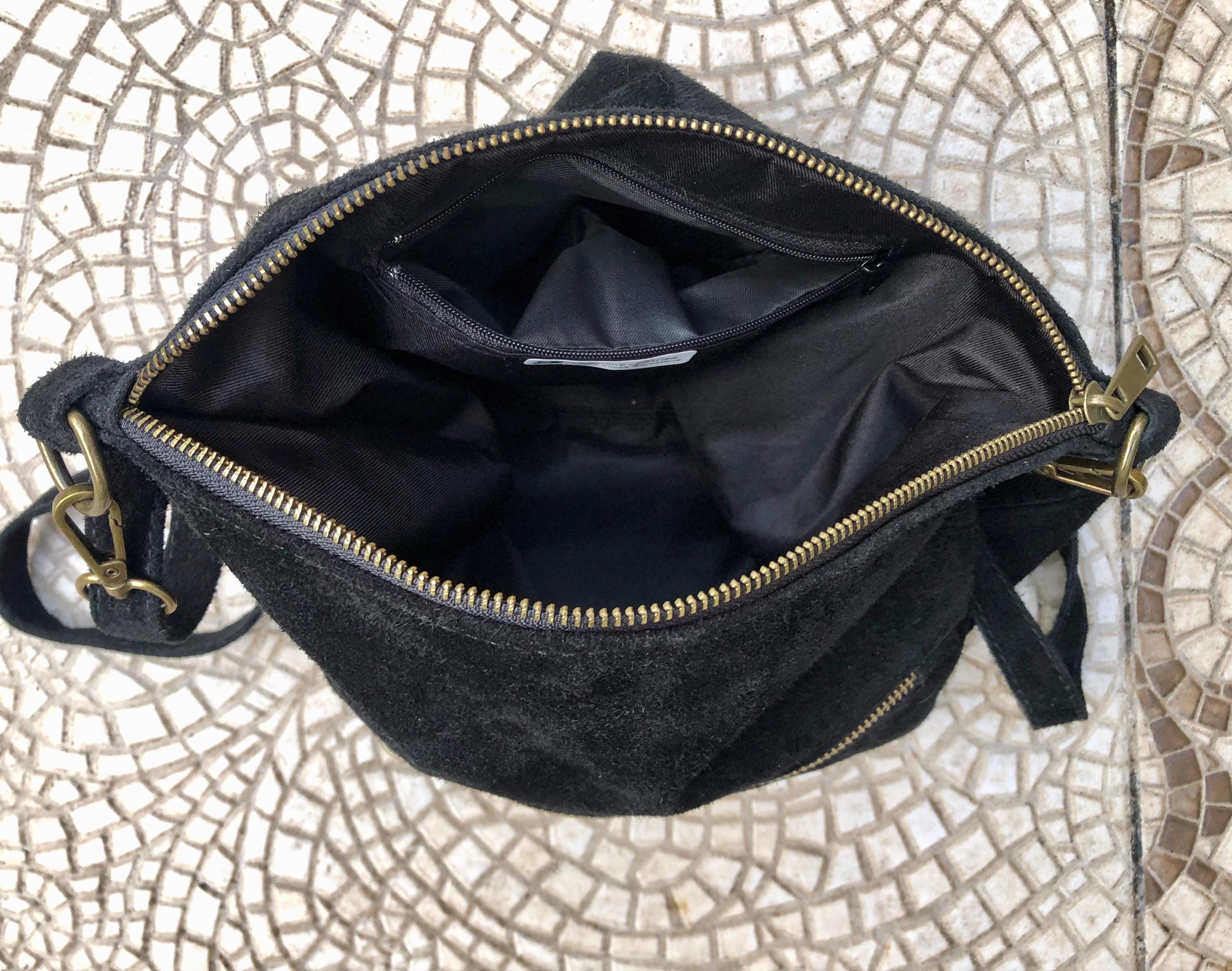 BLACK suede messenger bag. Soft genuine leather crossbody / shoulder bag for books, tablets. BLACK suede purse. Adjustable strap + zipppers