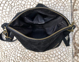 BLACK suede messenger bag. Soft genuine leather crossbody / shoulder bag for books, tablets. BLACK suede purse. Adjustable strap + zipppers