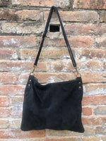 BLACK suede messenger bag. Soft genuine leather crossbody / shoulder bag for books, tablets. BLACK suede purse. Adjustable strap + zipppers