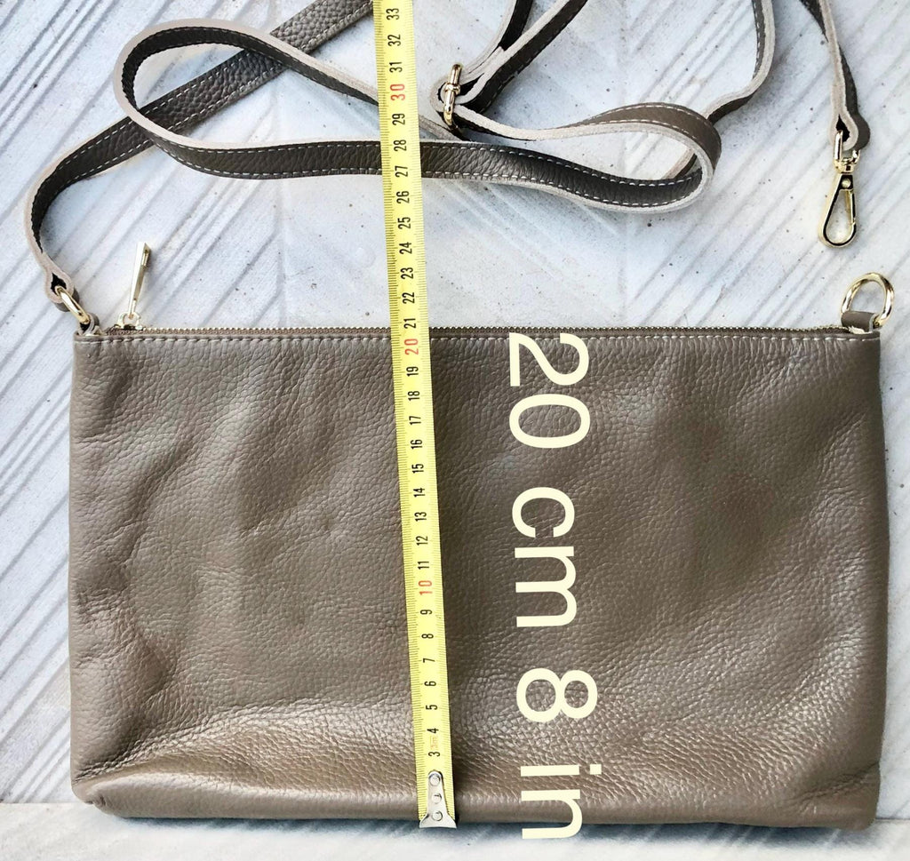 Light brown leather bag. GENUINE leather cross body / shoulder bag. Dark beige bag + adjustable strap. Taupe greyge leather purse. 2 straps