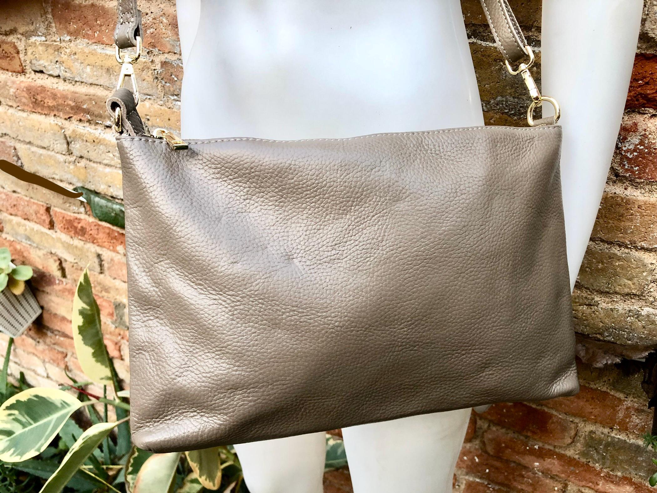 Light brown leather bag. GENUINE leather cross body / shoulder bag. Dark beige bag + adjustable strap. Taupe greyge leather purse. 2 straps