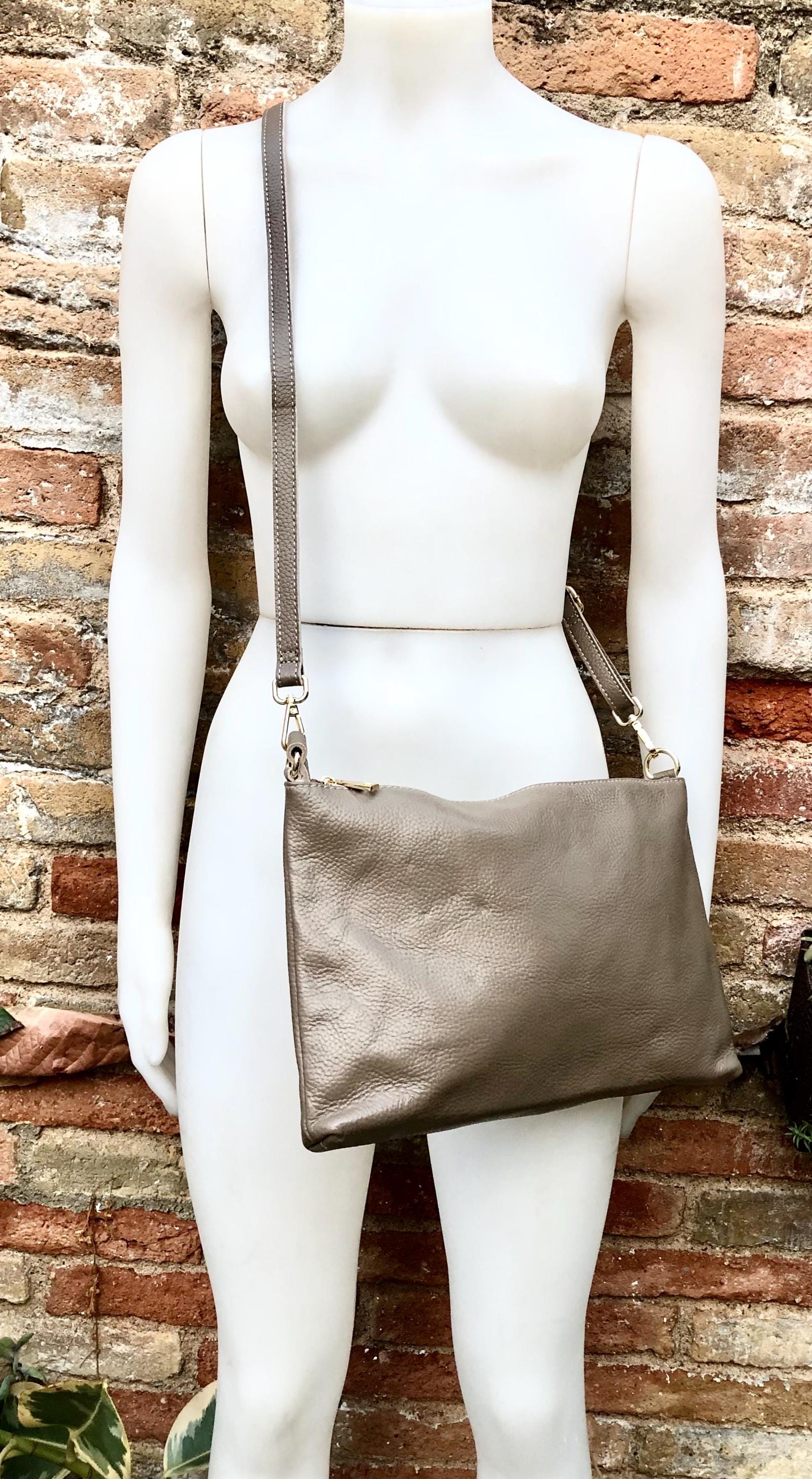 Light brown leather bag. GENUINE leather cross body / shoulder bag. Dark beige bag + adjustable strap. Taupe greyge leather purse. 2 straps