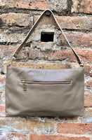 Light brown leather bag. GENUINE leather cross body / shoulder bag. Dark beige bag + adjustable strap. Taupe greyge leather purse. 2 straps