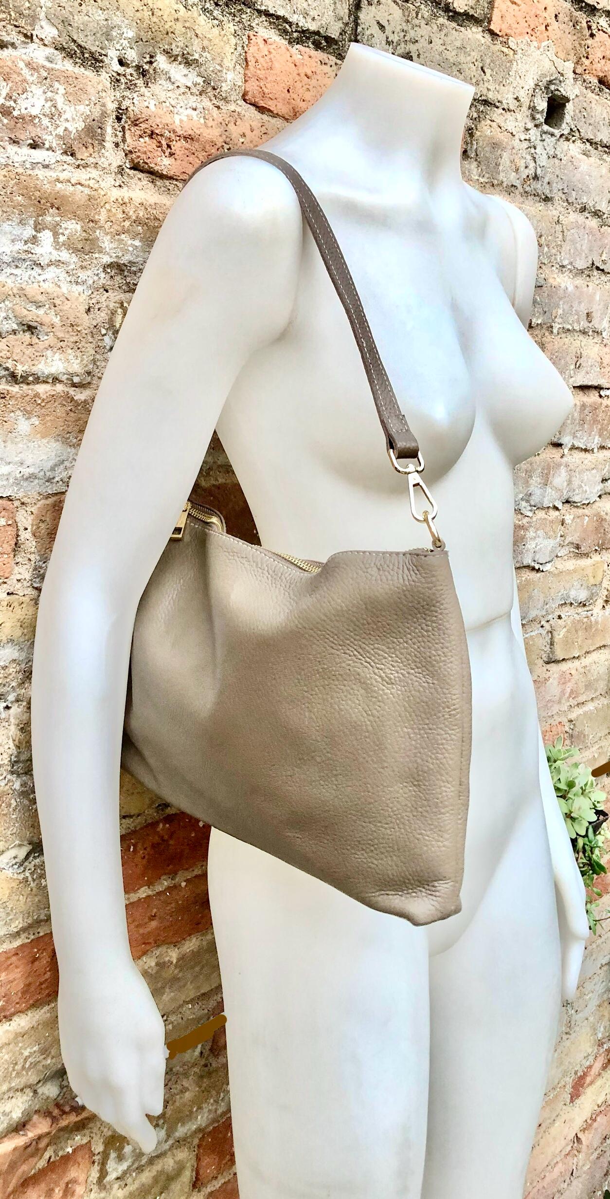 Light brown leather bag. GENUINE leather cross body / shoulder bag. Dark beige bag + adjustable strap. Taupe greyge leather purse. 2 straps