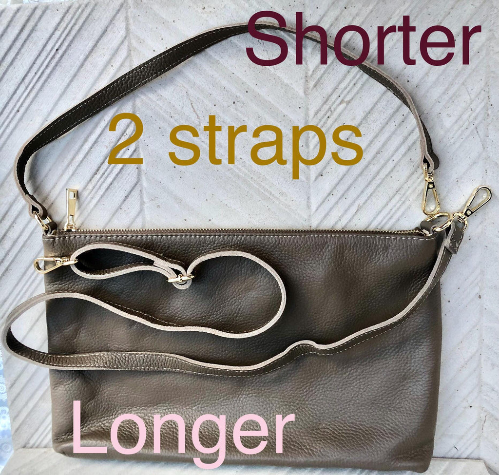 Light brown leather bag. GENUINE leather cross body / shoulder bag. Dark beige bag + adjustable strap. Taupe greyge leather purse. 2 straps