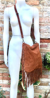 Brown crossbody / shoulder bag. Rusty brown boho suede leather bag with FRINGES. Genuine leather messenger with 2 straps. Brown suede purse