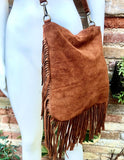 Brown crossbody / shoulder bag. Rusty brown boho suede leather bag with FRINGES. Genuine leather messenger with 2 straps. Brown suede purse