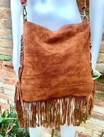 Brown crossbody / shoulder bag. Rusty brown boho suede leather bag with FRINGES. Genuine leather messenger with 2 straps. Brown suede purse