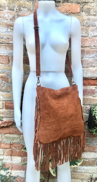 Brown crossbody / shoulder bag. Rusty brown boho suede leather bag with FRINGES. Genuine leather messenger with 2 straps. Brown suede purse