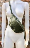 Green FANNY pack .Small leather crossbody/ hip bag, bum pack bag in GENUINE leather. Khaki purse with adjustable strap