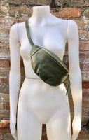 Green FANNY pack .Small leather crossbody/ hip bag, bum pack bag in GENUINE leather. Khaki purse with adjustable strap