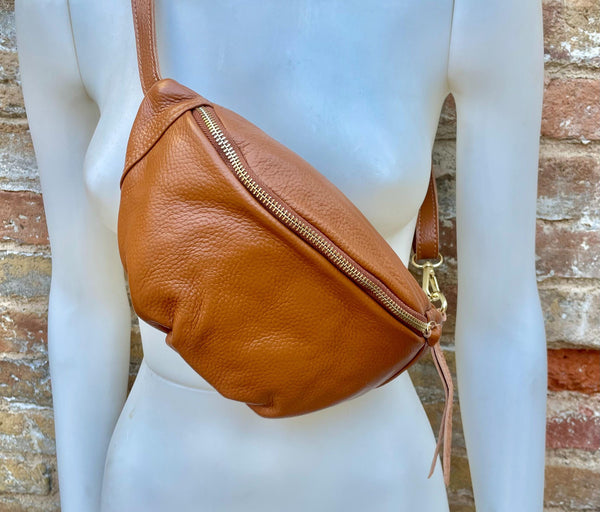 Camel brown FANNY pack .Small tan leather crossbody/ hip bag, bum pack bag in GENUINE leather. Caramel color purse with adjustable strap.