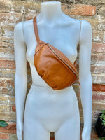Camel brown FANNY pack .Small tan leather crossbody/ hip bag, bum pack bag in GENUINE leather. Caramel color purse with adjustable strap.