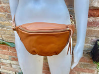 Camel brown FANNY pack .Small tan leather crossbody/ hip bag, bum pack bag in GENUINE leather. Caramel color purse with adjustable strap.