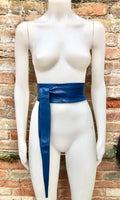 Cobalt blue obi belt. Wrap belt in soft genuine leather. Wraparound waist belt. Wide style. Boho dress belt in soft royal blue leather