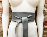 GRAY obi belt. Wrap belt in soft genuine leather. Wraparound waist belt. Wide style. Boho dress belt in medium GREY leather. Grey dress belt