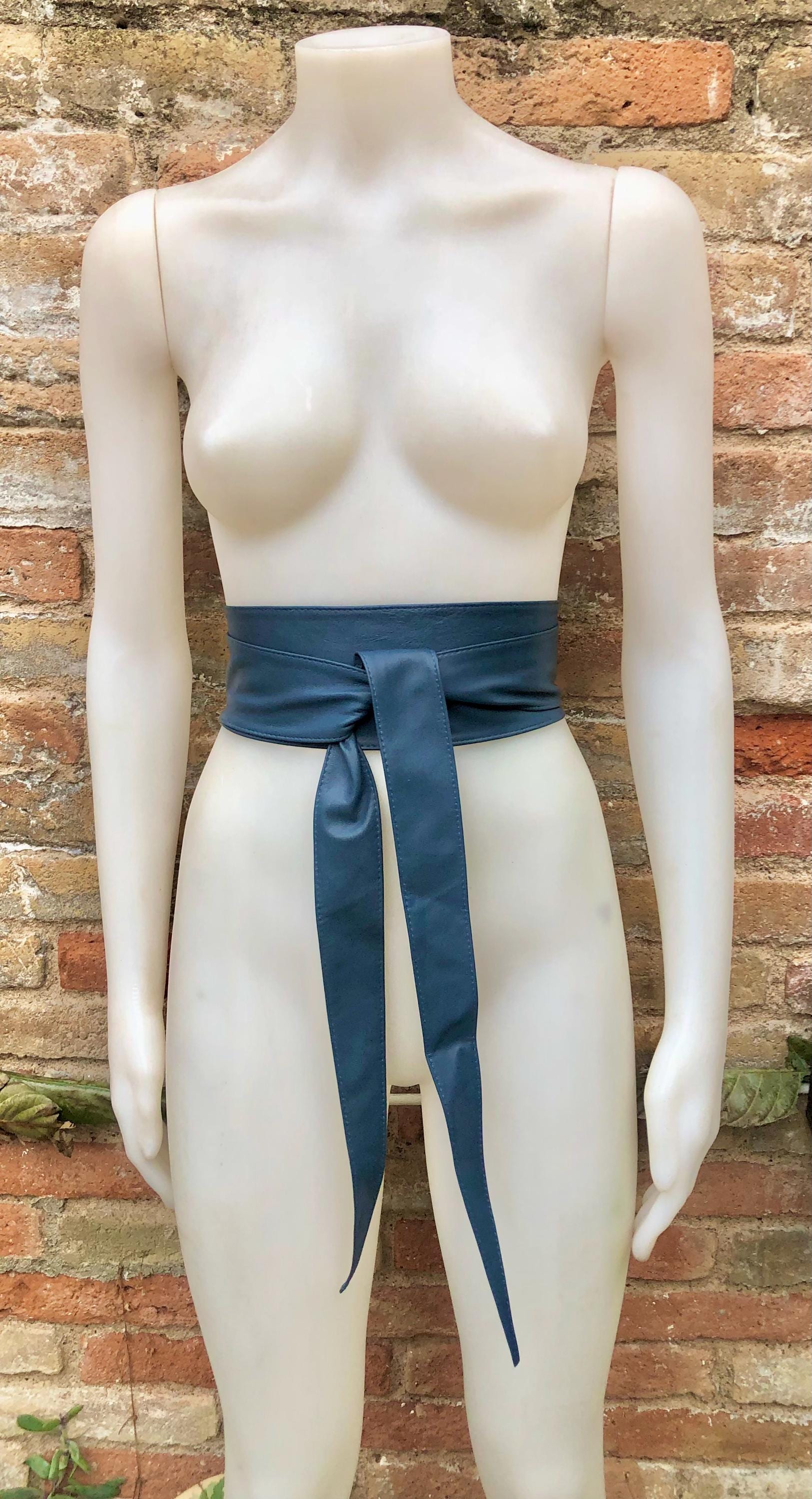 Dark denim blue obi belt. Wrap belt in soft genuine leather. Wraparound waist belt. Wide style. Blue boho dress belt in blue-gray