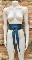 Dark denim blue obi belt. Wrap belt in soft genuine leather. Wraparound waist belt. Wide style. Blue boho dress belt in blue-gray