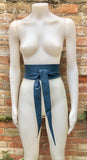 Dark denim blue obi belt. Wrap belt in soft genuine leather. Wraparound waist belt. Wide style. Blue boho dress belt in blue-gray