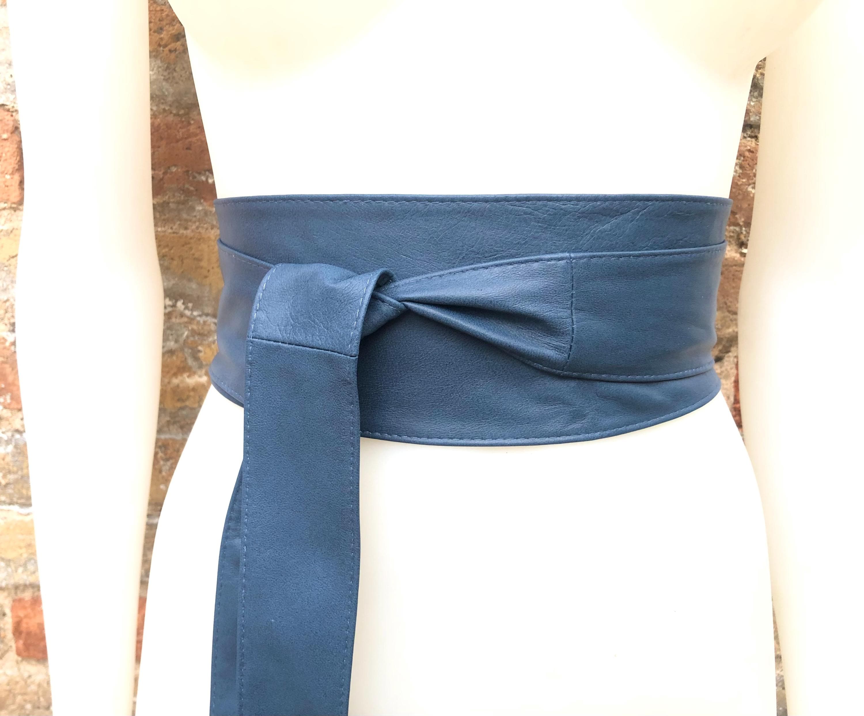 Dark denim blue obi belt. Wrap belt in soft genuine leather. Wraparound waist belt. Wide style. Blue boho dress belt in blue-gray