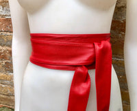 Red obi belt. Wrap belt in soft genuine leather. Wraparound waist belt. Wide style. Red boho dress belt. Bright red overall belt