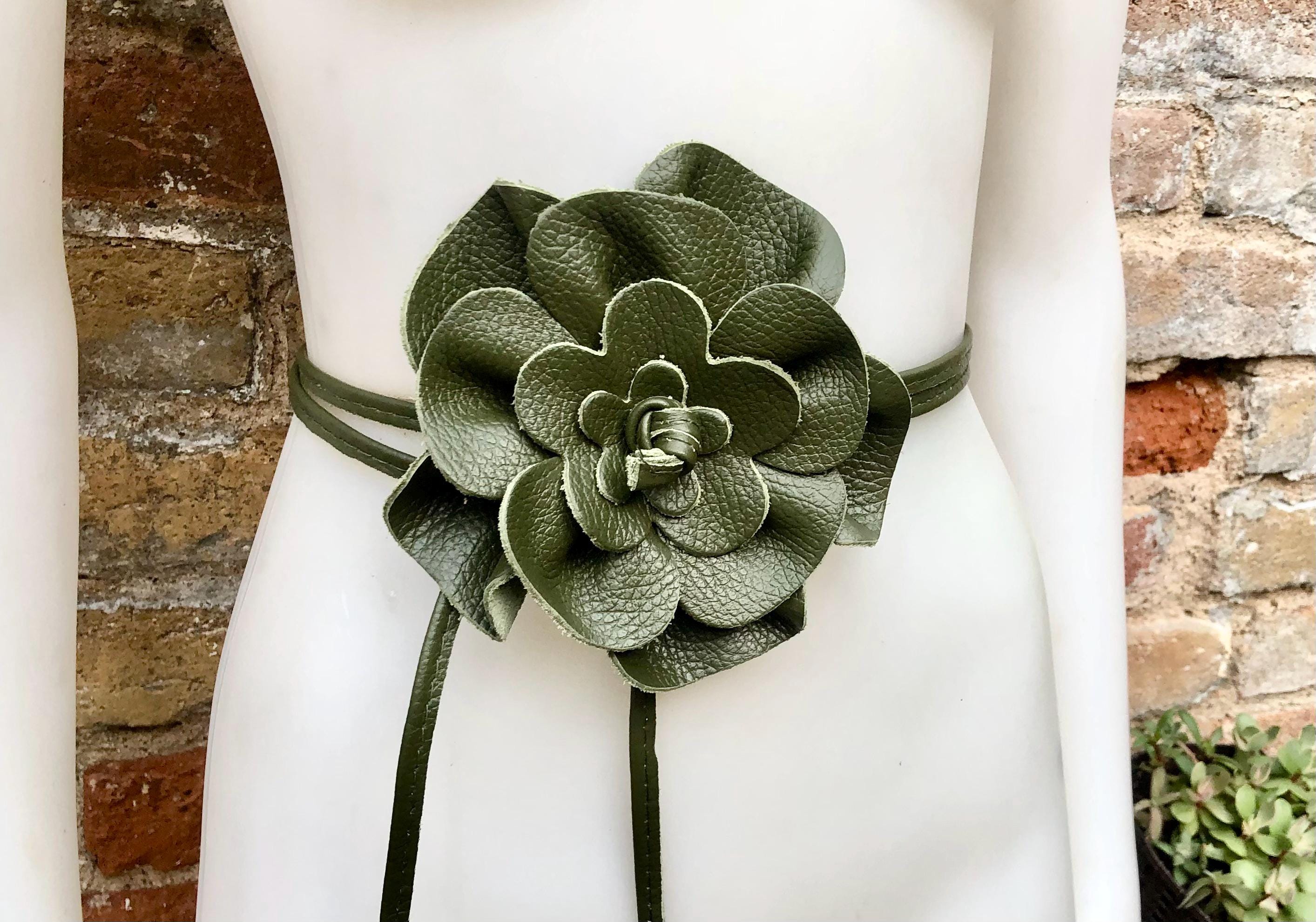 Flower leather belt in khaki green. Waist, overall or dress belt. Genuine leather. Green rose belt. Large dark green flower.
