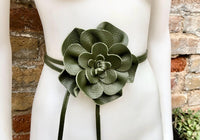 Flower leather belt in khaki green. Waist, overall or dress belt. Genuine leather. Green rose belt. Large dark green flower.