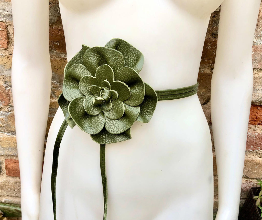 Flower leather belt in khaki green. Waist, overall or dress belt. Genuine leather. Green rose belt. Large dark green flower.