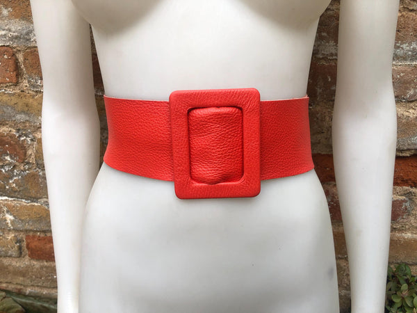 Red leather waist belt with large buckle. Soft leather belt in bright coral red. Genuine leather red dress belt. Wide red waist belt