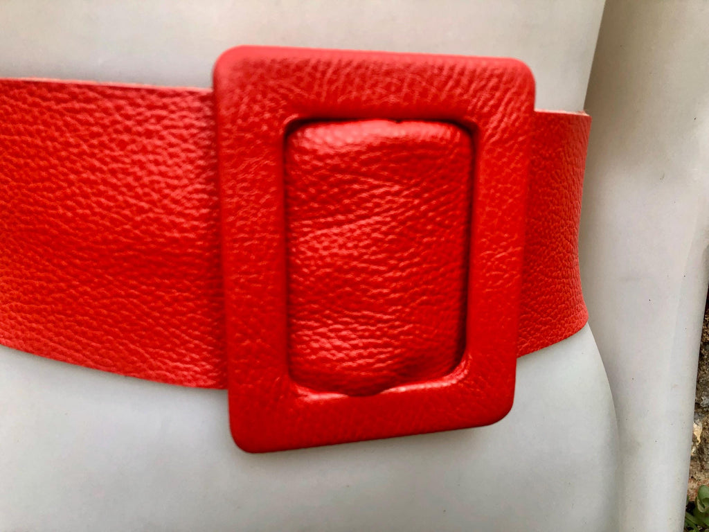 Red leather waist belt with large buckle. Soft leather belt in bright coral red. Genuine leather red dress belt. Wide red waist belt