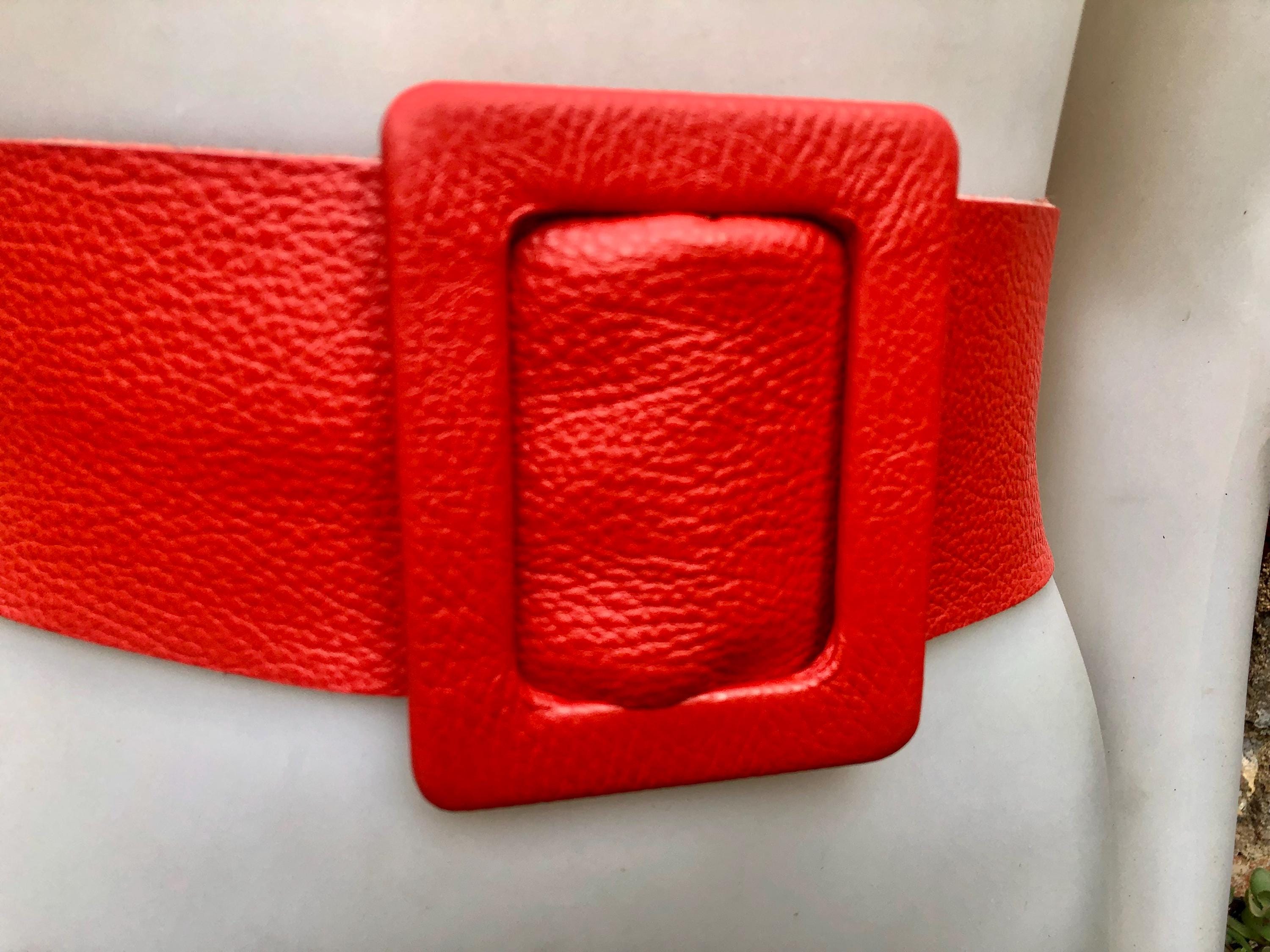 Red leather waist belt with large buckle. Soft leather belt in bright coral red. Genuine leather red dress belt. Wide red waist belt