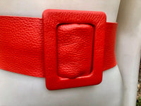 Red leather waist belt with large buckle. Soft leather belt in bright coral red. Genuine leather red dress belt. Wide red waist belt