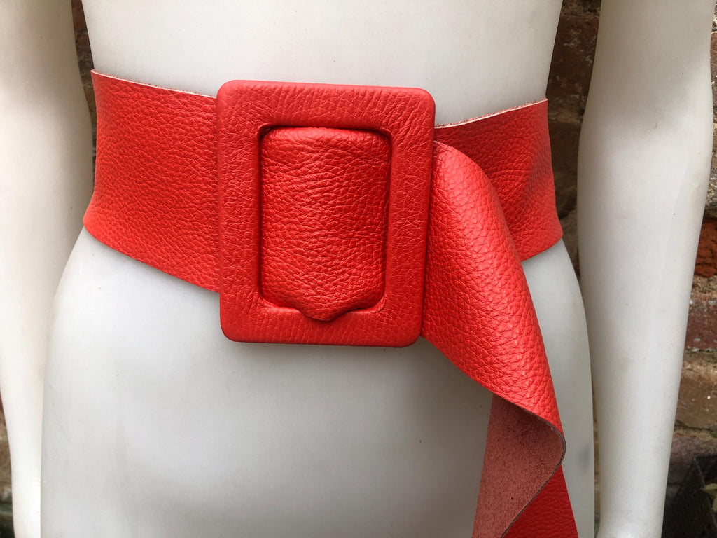 Red leather waist belt with large buckle. Soft leather belt in bright coral red. Genuine leather red dress belt. Wide red waist belt