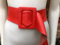 Red leather waist belt with large buckle. Soft leather belt in bright coral red. Genuine leather red dress belt. Wide red waist belt
