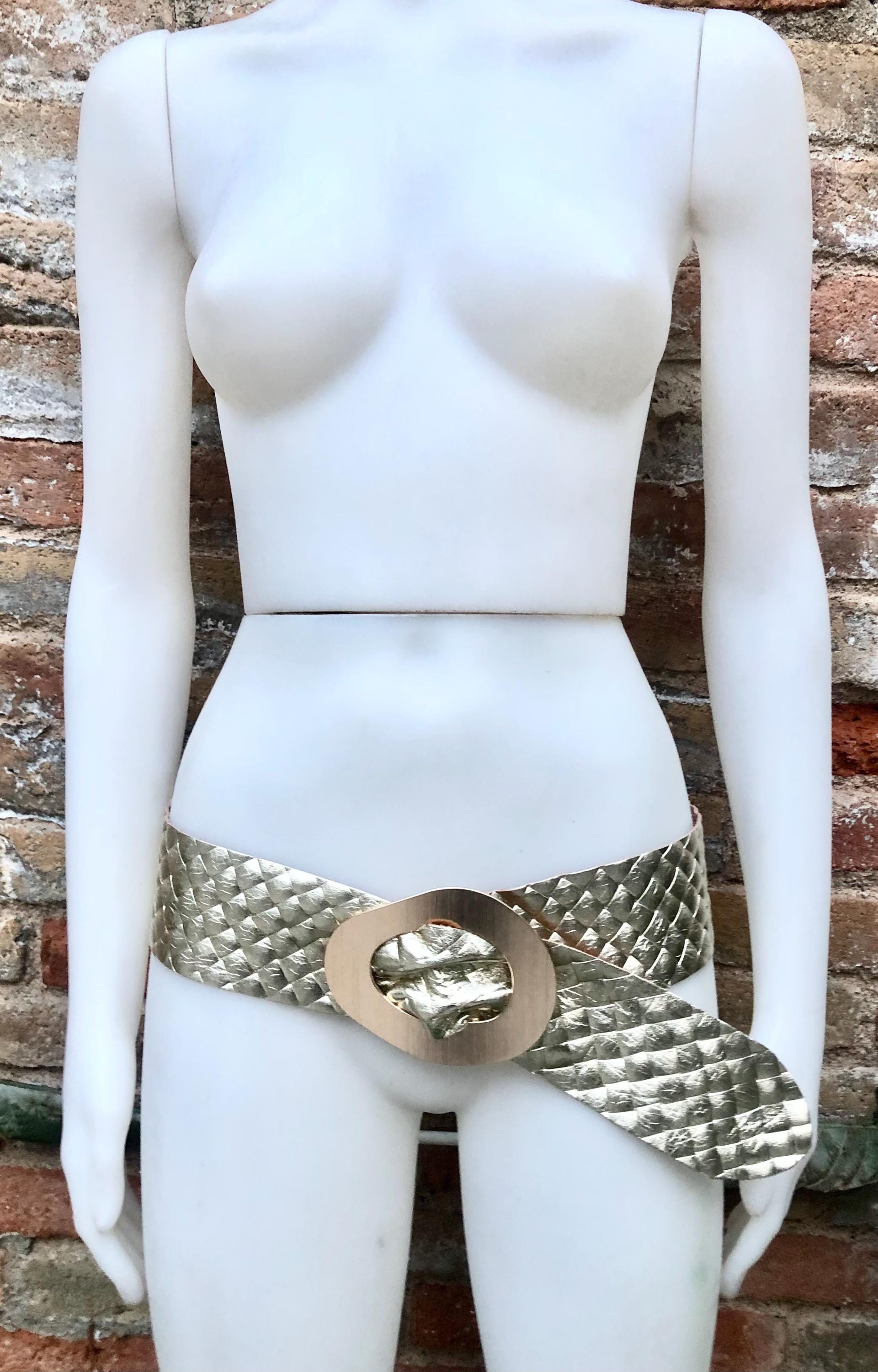GOLD metallic leather waist belt with large metal buckle. Soft leather belt in gold. Boho glitter genuine leather belt. Gold waist belt