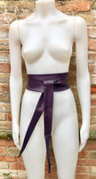 Dark PURPLE obi belt. Wrap belt in soft genuine leather. Wraparound waist belt. Wide style. Boho dress belt in soft EGGPLANT leather