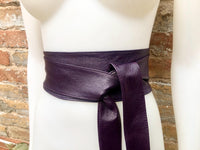 Dark PURPLE obi belt. Wrap belt in soft genuine leather. Wraparound waist belt. Wide style. Boho dress belt in soft EGGPLANT leather