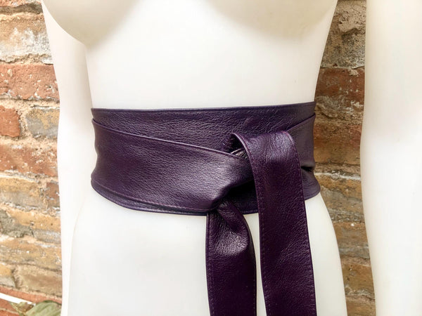 Dark PURPLE obi belt. Wrap belt in soft genuine leather. Wraparound waist belt. Wide style. Boho dress belt in soft EGGPLANT leather
