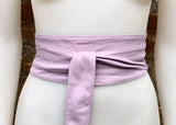 Light PURPLE obi belt. Lavender soft genuine leather. Wraparound lilac waist belt. Wide style. Boho dress belt in soft mauve leather