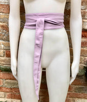 Light PURPLE obi belt. Lavender soft genuine leather. Wraparound lilac waist belt. Wide style. Boho dress belt in soft mauve leather