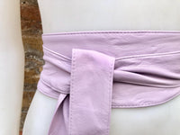 Light PURPLE obi belt. Lavender soft genuine leather. Wraparound lilac waist belt. Wide style. Boho dress belt in soft mauve leather