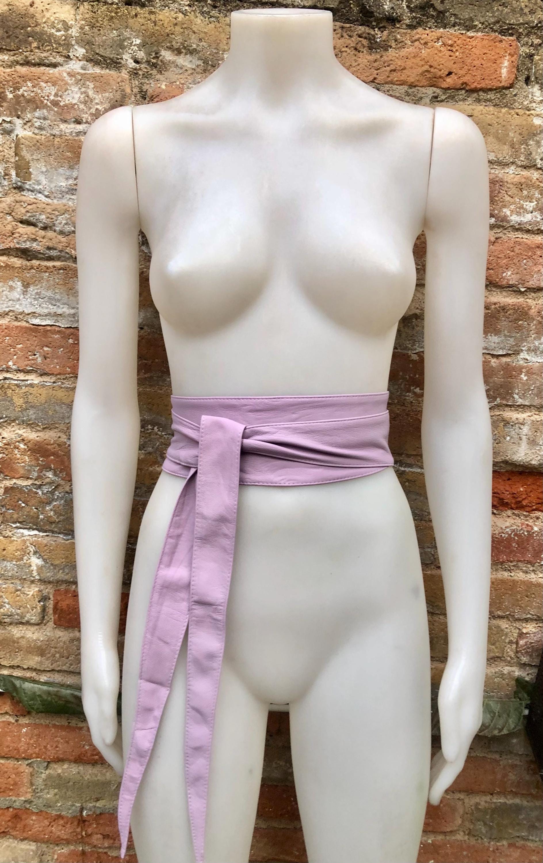 Light PURPLE obi belt. Lavender soft genuine leather. Wraparound lilac waist belt. Wide style. Boho dress belt in soft mauve leather