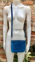 Small BLUE suede leather bag. Crossbody or shoulder bag in GENUINE leather. Adjustable strap. + zipper. Blue suede purse