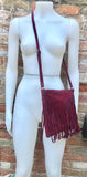 Cross body bag. BOHO suede leather bag in BURGUNDY with fringes. Messenger bag in soft genuine suede leather. Dark red crossbody hippy bag