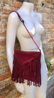 Cross body bag. BOHO suede leather bag in BURGUNDY with fringes. Messenger bag in soft genuine suede leather. Dark red crossbody hippy bag