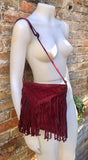 Cross body bag. BOHO suede leather bag in BURGUNDY with fringes. Messenger bag in soft genuine suede leather. Dark red crossbody hippy bag